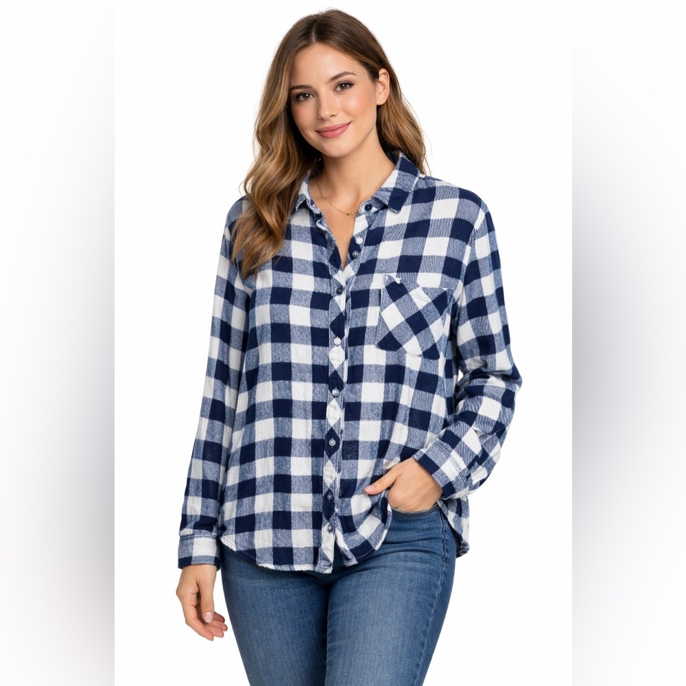 WUHOU Blue & White Plaid Button-Up Shirt Long Sleeve Size S/M